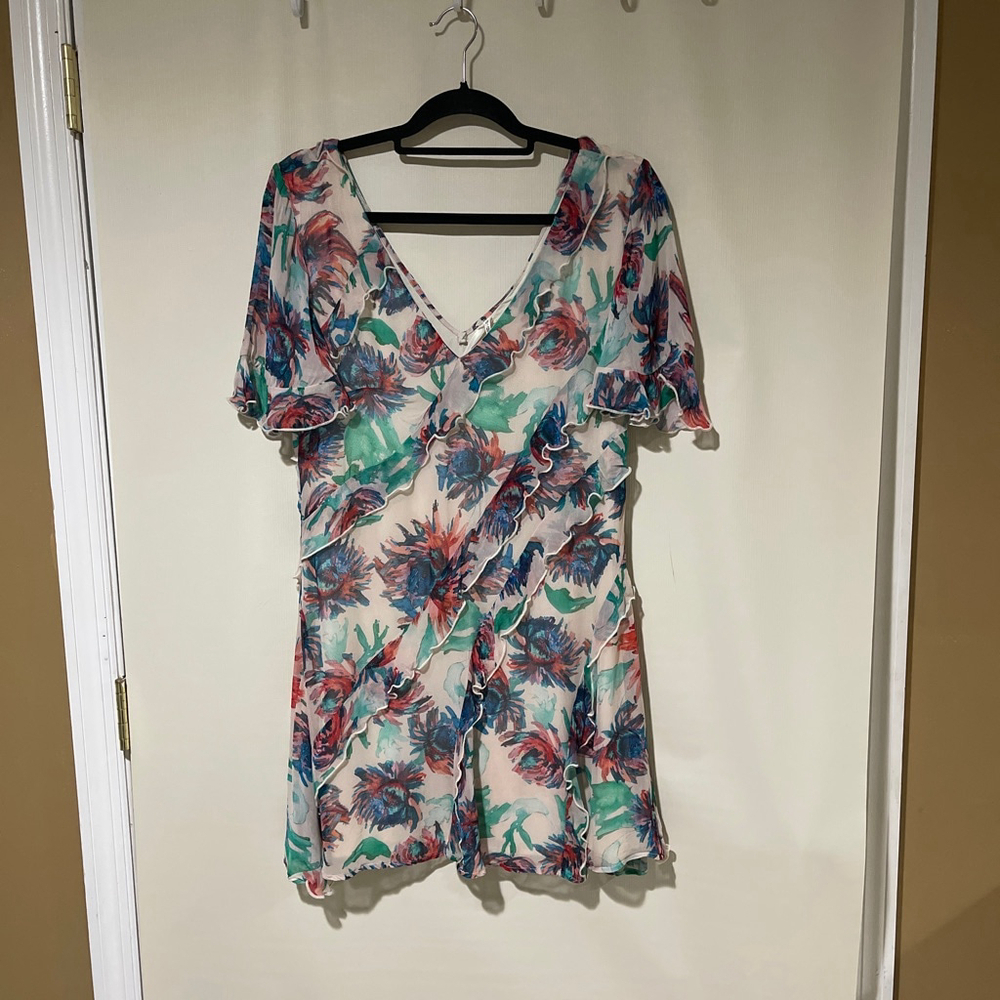 Anthropologie Floral Ruffle Mini Dress Cream Blue Women's M